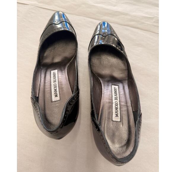 Vintage Manolo Blahnik Black Patent Leather Brogue Kitten Heel Pumps Eu 36.5 - Picture 5 of 5